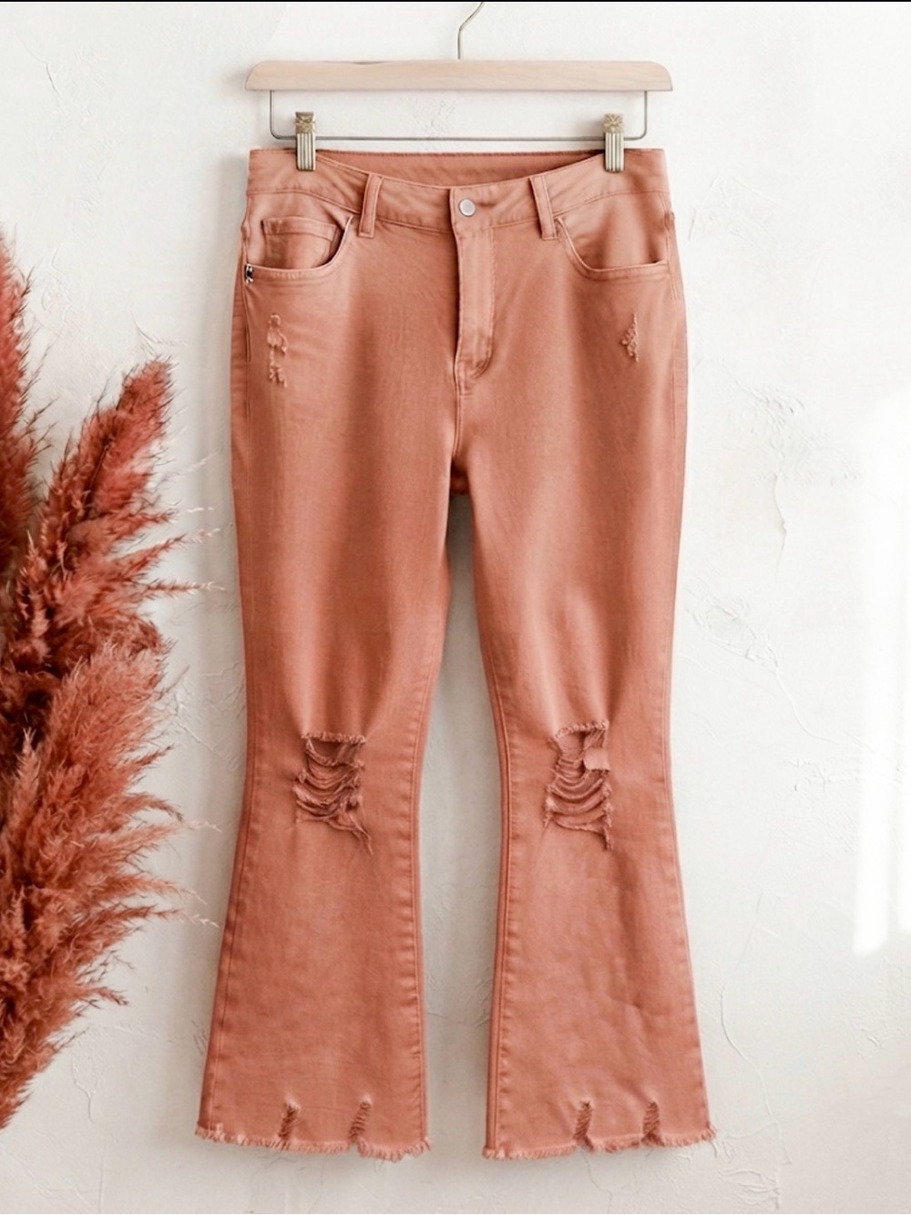 Distressed Raw-Hem Flare Denim Jeans: Zenana